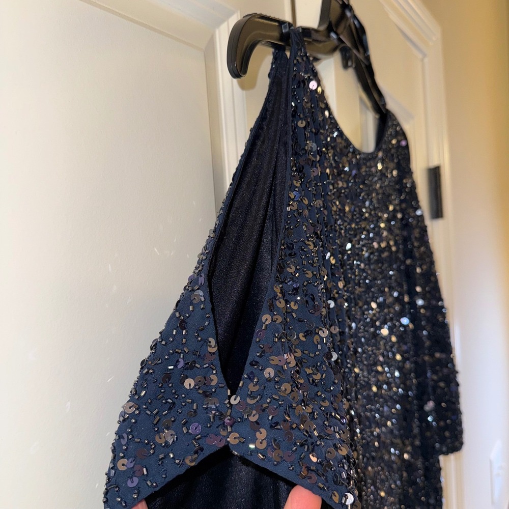 Aidan Mattox Navy Blue Sequin Cold Shoulder Party Dress Size 4 - Picture 4 of 9